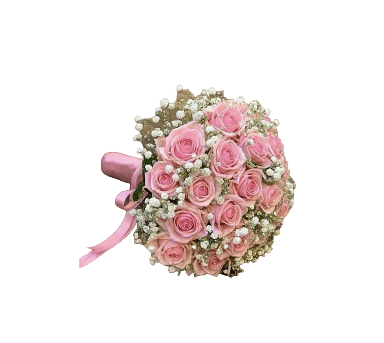 Brudebuket med pink aqua roser og hvid brudeslør